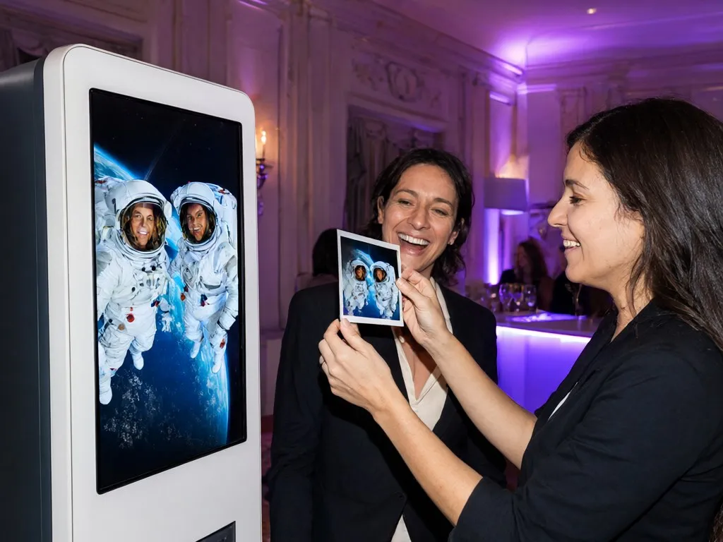 Two coworkers showing their printed photo, where artificial intelligence dressed them as astronauts in space
