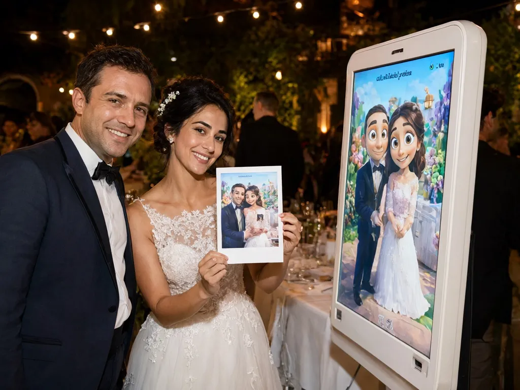 Newlyweds showing their printed photo, where artificial intelligence turned them into cartoon characters