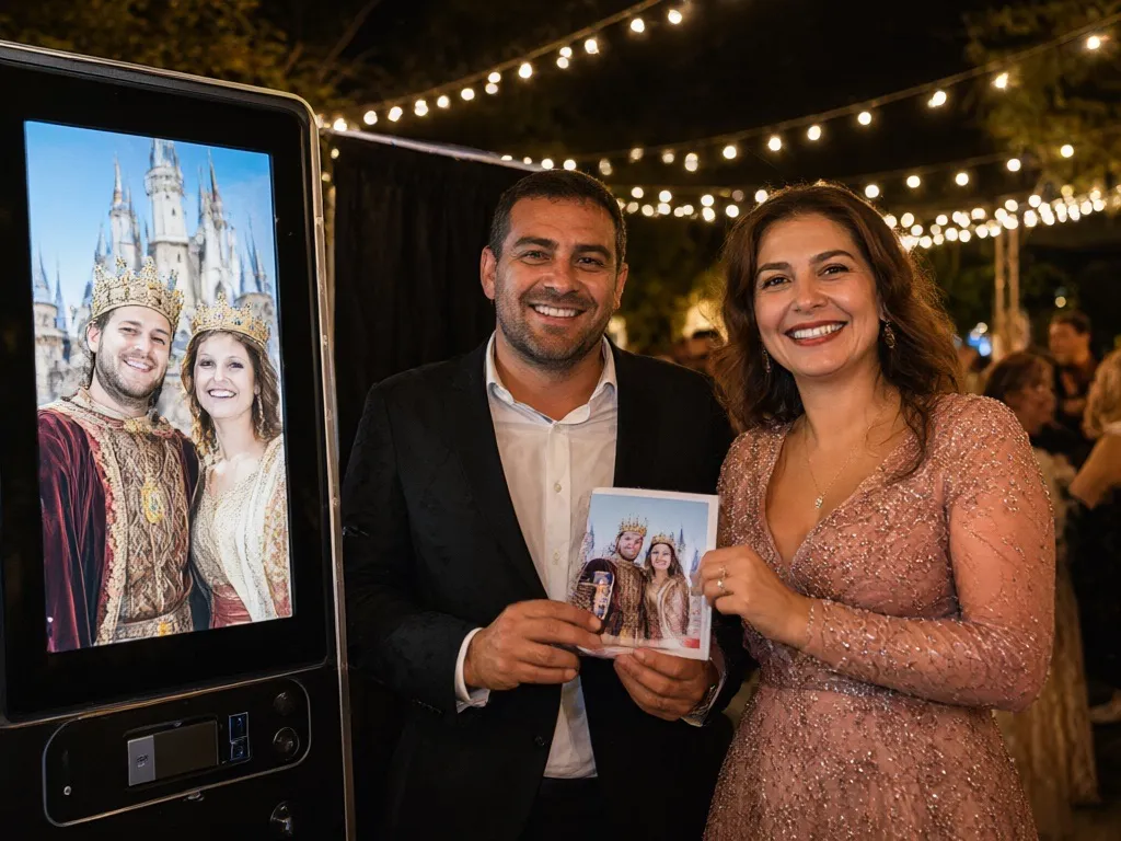 Couple showing their printed photo, where artificial intelligence dressed them as royalty in front of a castle