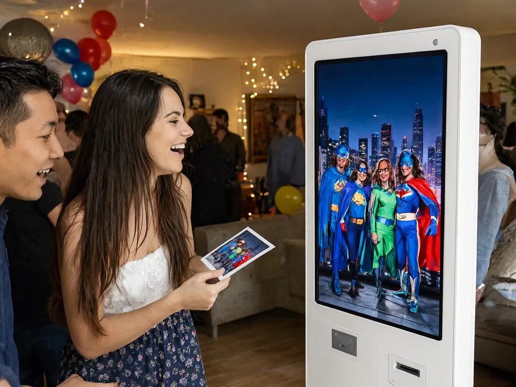 Friends at a birthday party showing their printed photo, where artificial intelligence dressed them as superheroes